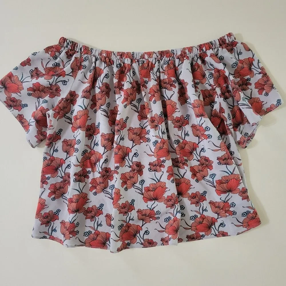 ASTR The Label Red Poppy Print Off Shoulder Crop Top Blouse - Picture 14 of 16